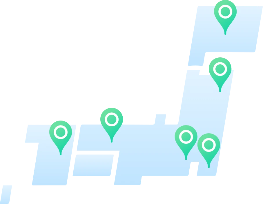 日本地図と緑のピンのインフォグラフィック