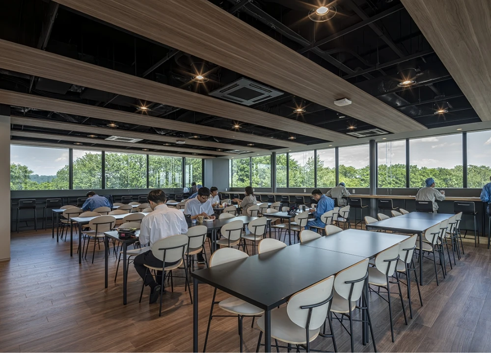 大きな窓から緑が見える、開放的でモダンなデザインの社員食堂・休憩スペースで過ごす従業員たち