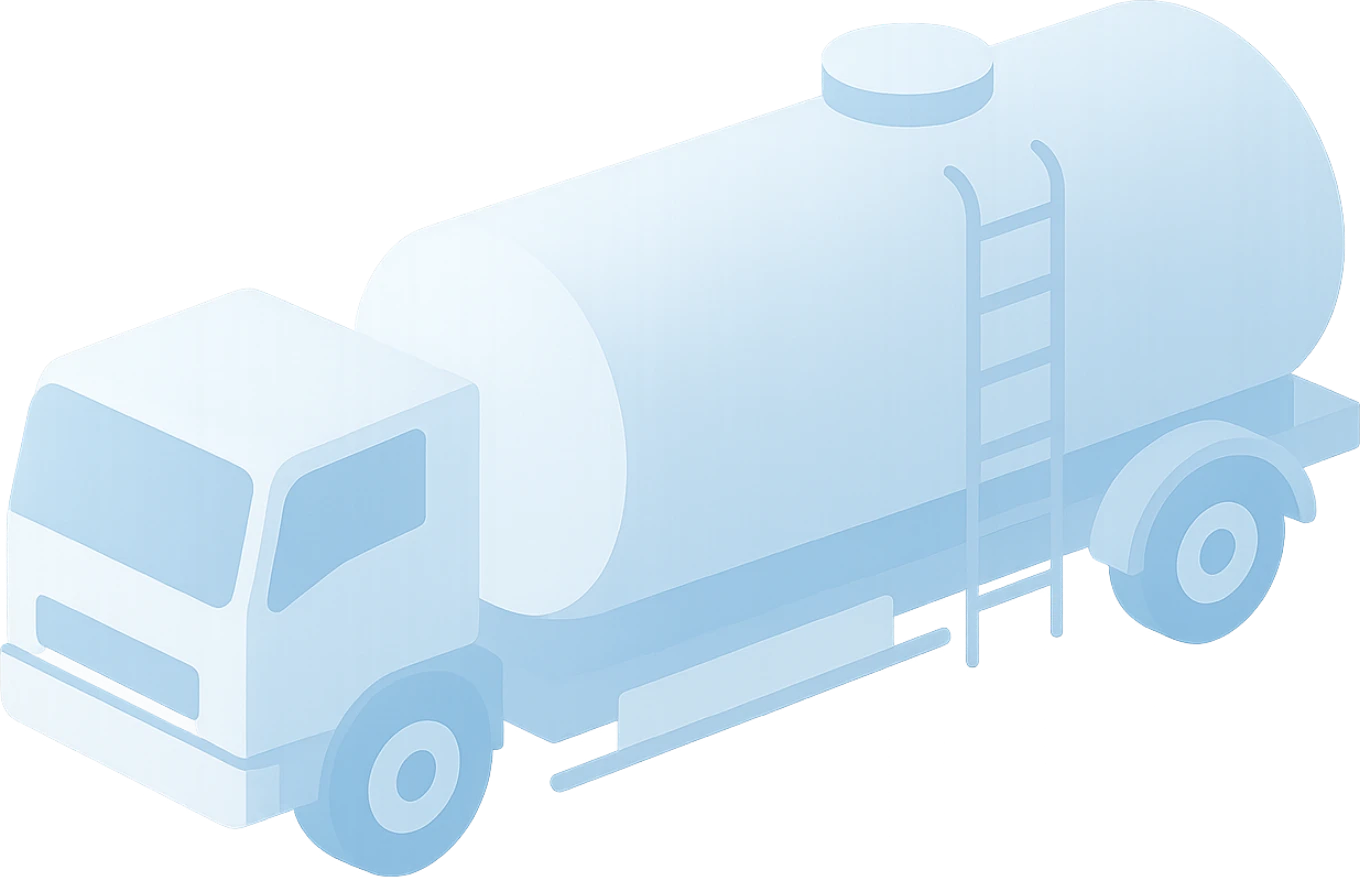 液体輸送用タンクローリーのアイソメトリックイラスト。シンプルで清潔感のあるデザインの物流・輸送車両のイメージ