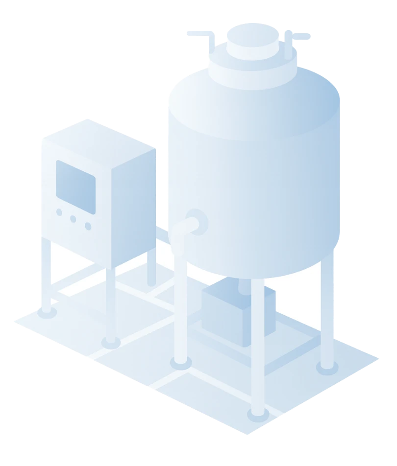 大型タンクと機械のイラスト。タンクは金属製で、機械は動作中の様子